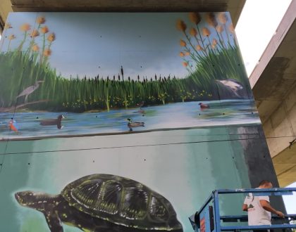 El artista Víctor Landeta está realizando un mural muy especial en uno de los pilares de la autovía A8, a la altura del humedal de Bolue.