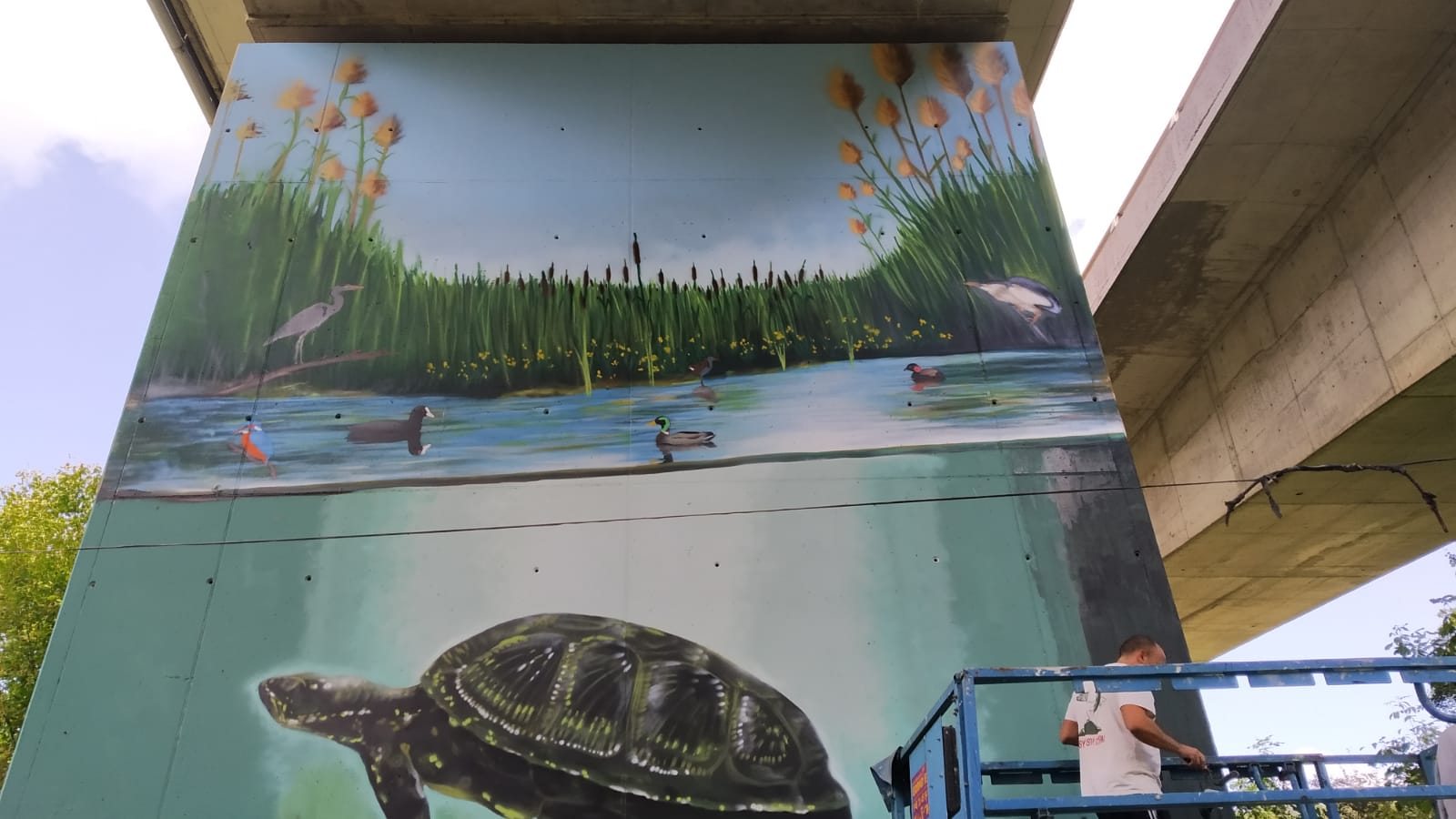 El artista Víctor Landeta está realizando un mural muy especial en uno de los pilares de la autovía A8, a la altura del humedal de Bolue.