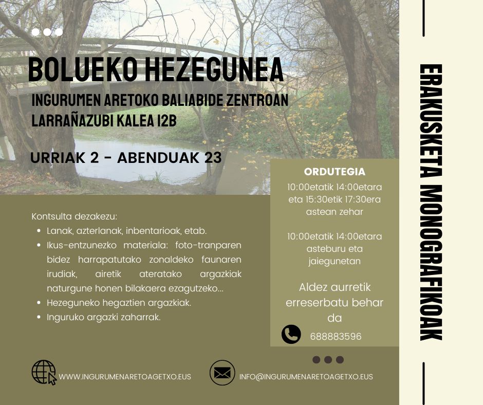 Getxoko Ingurumen Aretoko baliabide-zentroak udalerriko ingurumen-alderdi desberdinekin lotutako erakusketa monografikoen programa berri bat martxan izango du